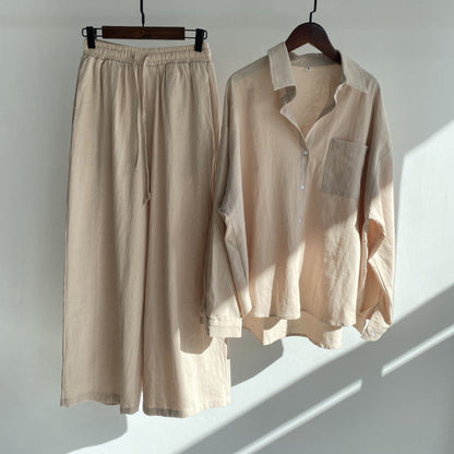 Women’s Loungewear Set - Button-Up Shirt & Wide-Leg Pants - Relaxed Fit Cotton Blend