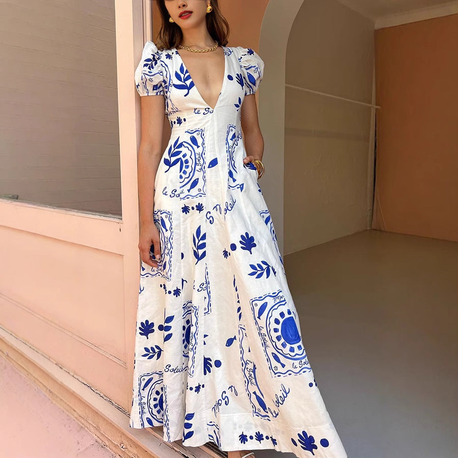 Cotton Linen Blend Puff Sleeve Maxi Dress