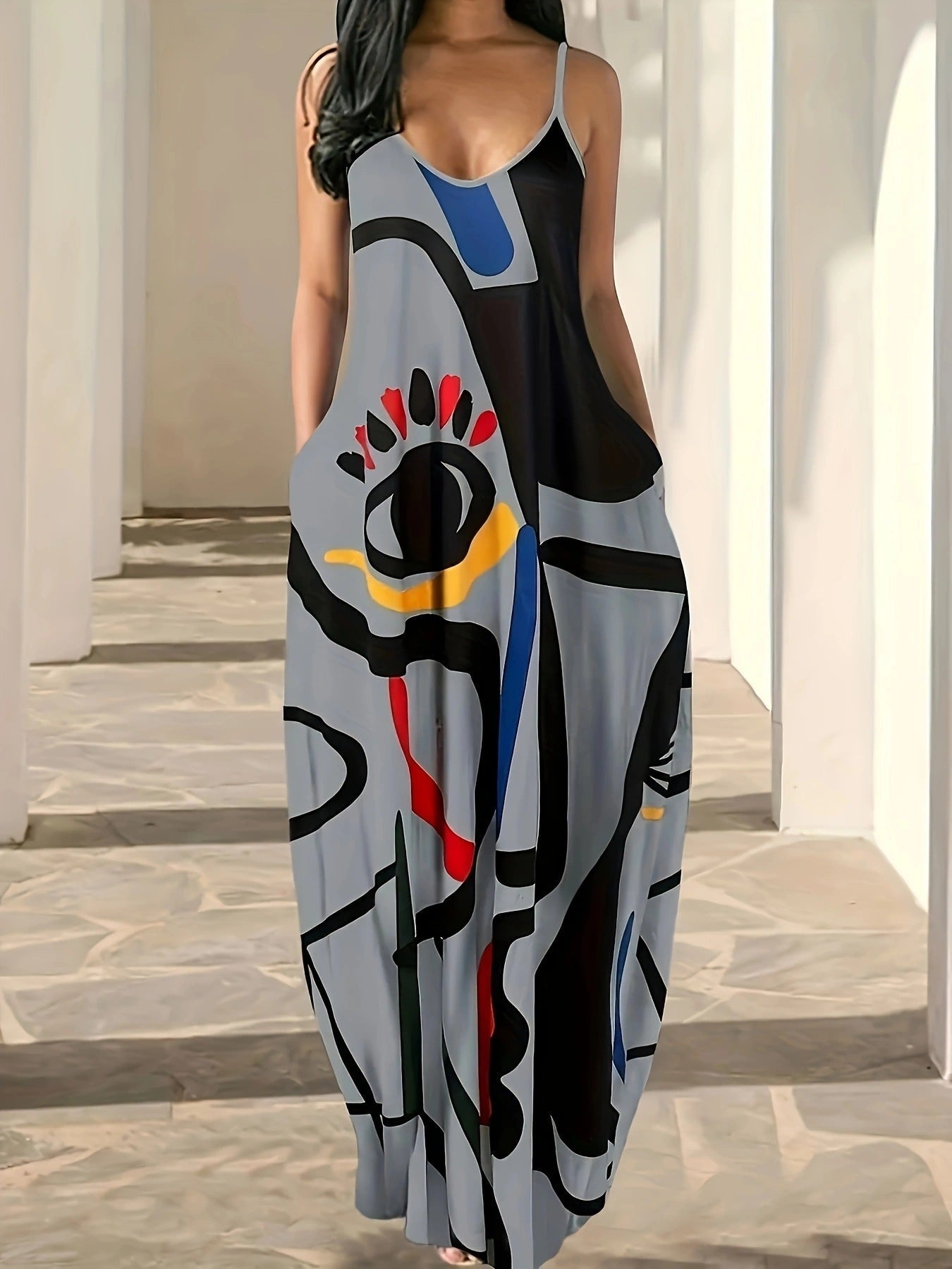 Abstract Print Cotton Blend Maxi Dress 