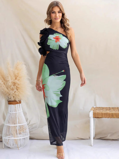 Women’s Bodycon Dress – One-Shoulder Ruffle – Floral Print – Ankle Length Formal Wear