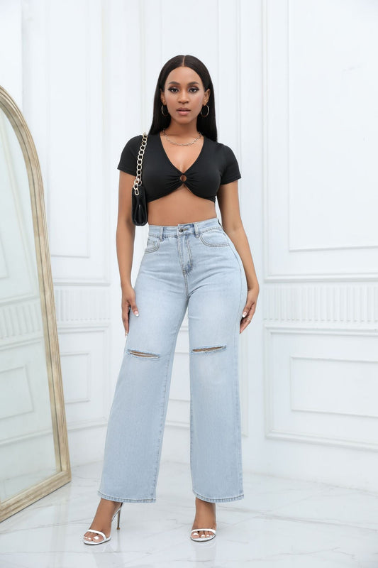 Loose Ripped Mid-Waist Bell-Bottom Jeans