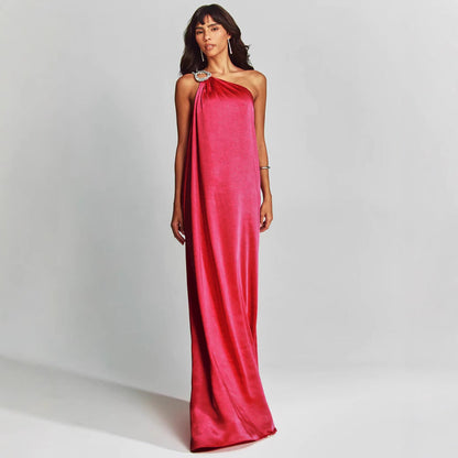 Women’s Evening Dress – Satin One Shoulder Gown – Embellished Ring – Flowy Fit