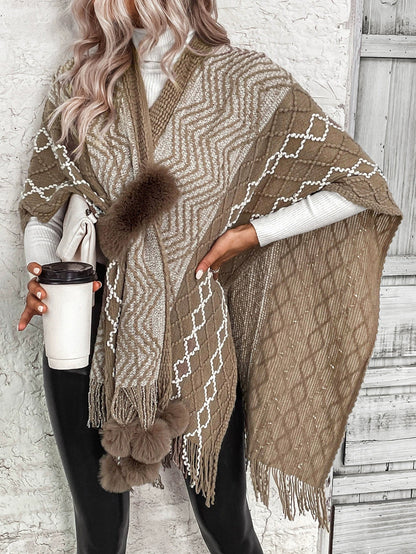 Women’s Cape Shawl Cardigan – Wool Knit – Oversized Fit – Fringe Hem – Boho Style