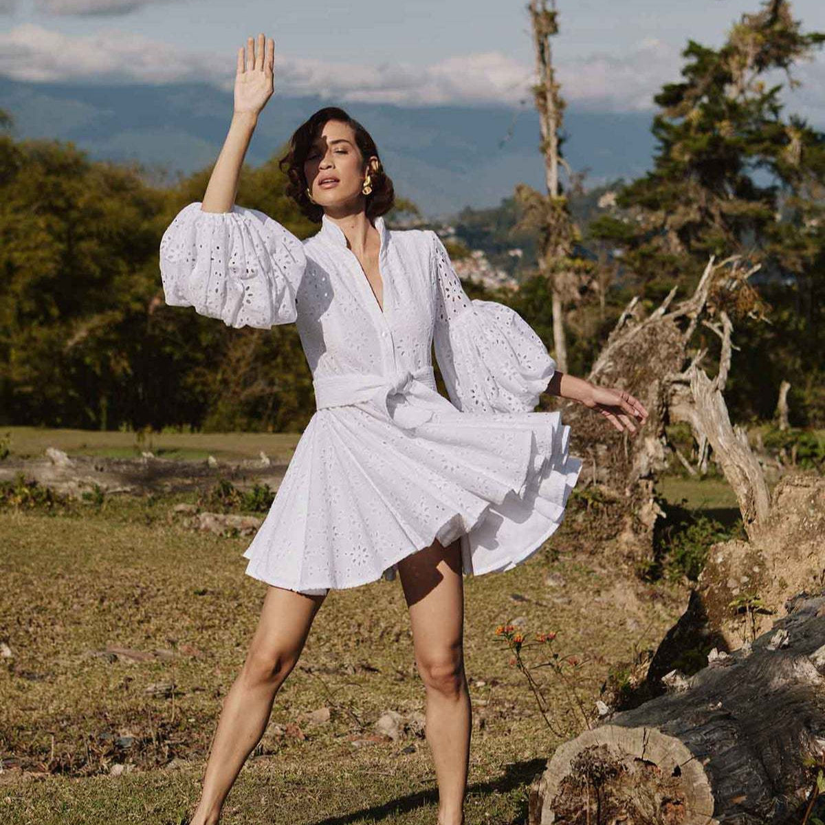 Women’s A-Line Cardigan Dress – 100% Cotton – Lace Eyelet – Puff Sleeve – Tie Waist