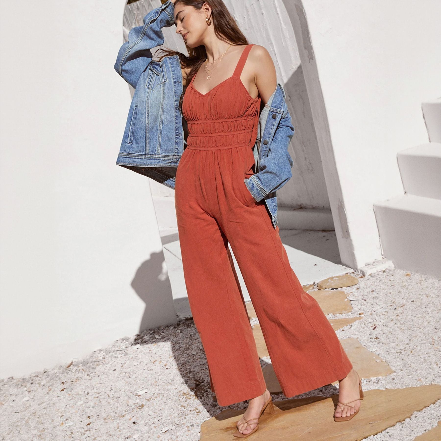 Linen Wide-Leg Elastic Waist Jumpsuit