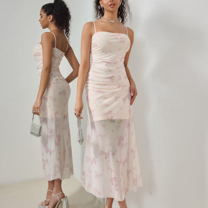 Women’s Maxi Dress – Slim Fit – Ruching Bodice – Spaghetti Straps – Mermaid Hem