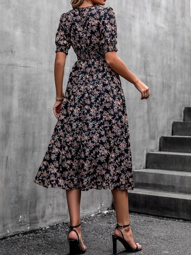 Floral Print Puff Sleeve Midi Dress