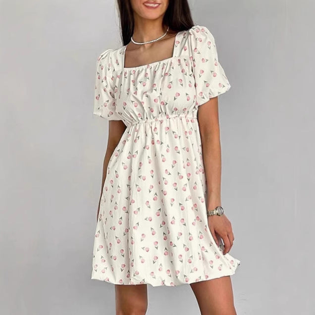 Women’s A-Line Dress – Floral Print – Puff Sleeves – Square Neck – Mini Length