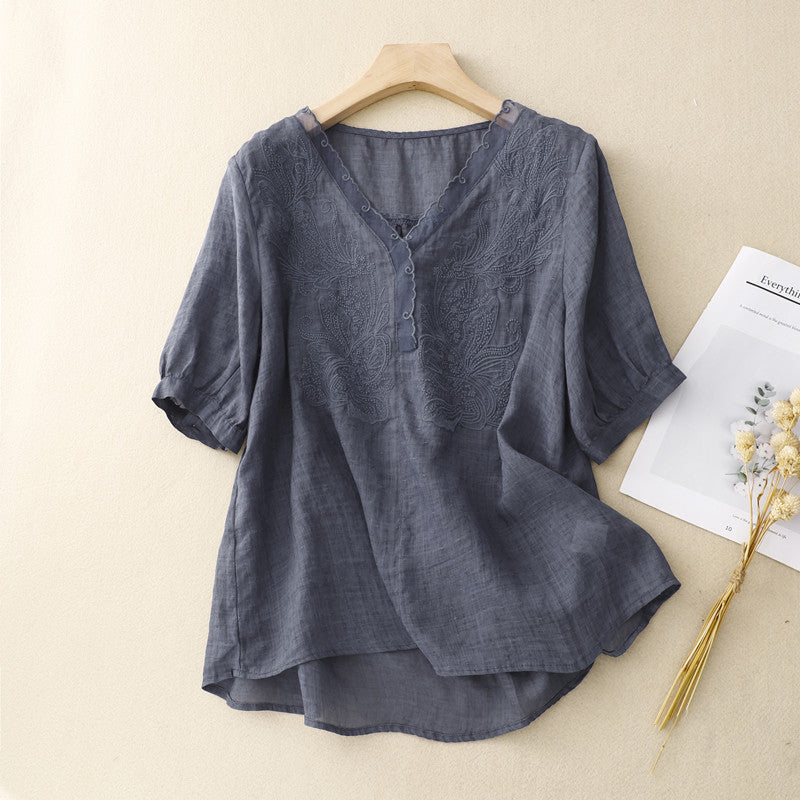 Embroidered Breathable Loose Fit Short Sleeve Shirt