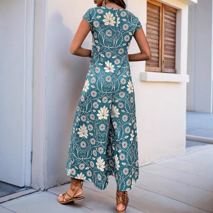 Women’s Jumpsuit - Relaxed Fit - Wide Leg - Short Sleeve - Floral Blend