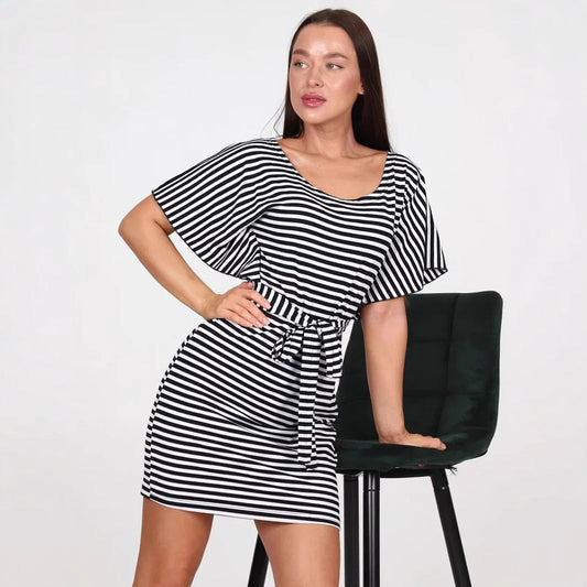 Striped Belted Slim Fit Mini Dress