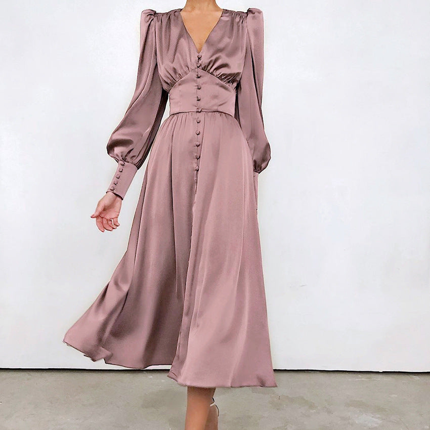 Women’s Midi Dress - Silky Satin Finish - V-Neck - Long Sleeve - A-Line Elegant Fit