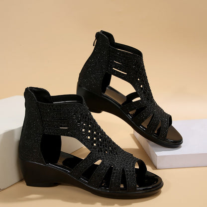 Women's Glitter Wedge Sandals - Open Toe - Cutout Design - Comfortable Fit