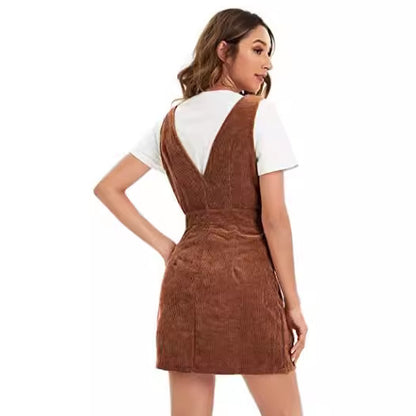 Women’s Corduroy Jumper Dress - Sleeveless V-Neck - Button Front with Pockets