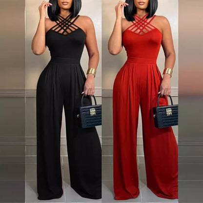 Women's Jumpsuit - V-Neck Criss-Cross Straps - Wide-Leg Elegant Fit