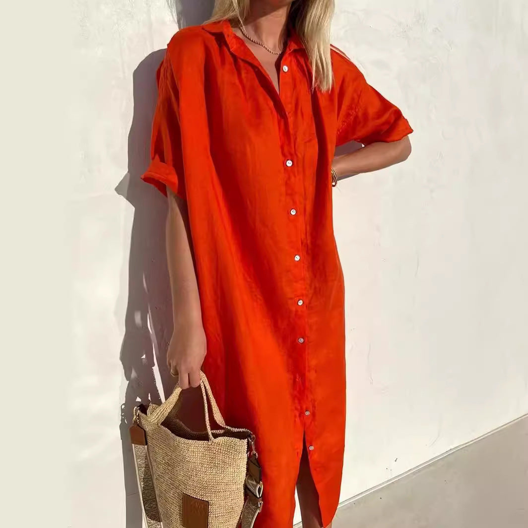 Linen Blend Relaxed Fit Midi Shirt Dress