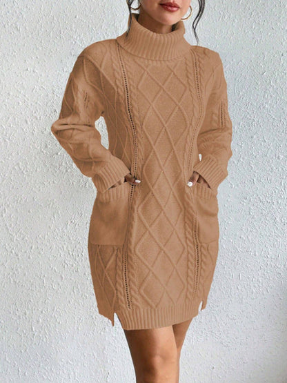 Women’s Sweater Dress – Slim Fit – Cable Knit – High Neck – Long Sleeve Mini