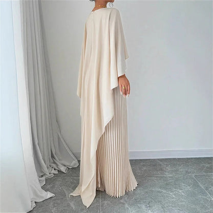 Women’s Maxi Dress – Elegant Pleated Skirt – Batwing Sleeves – High Neck Flowing Fit