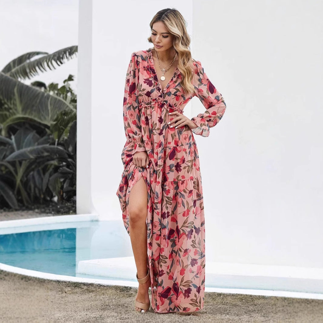 Women’s Maxi Dress – Chiffon – V-Neck – Long Sleeve – Floral Print – Ruffle Detail