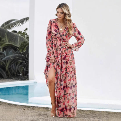 Women’s Maxi Dress – Chiffon – V-Neck – Long Sleeve – Floral Print – Ruffle Detail
