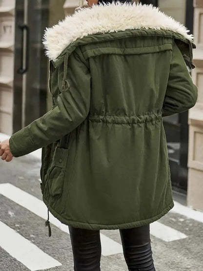 Women’s Parka Jacket – Mid-Length Fit – Faux Fur Hood – Drawstring Waist – Utility Style