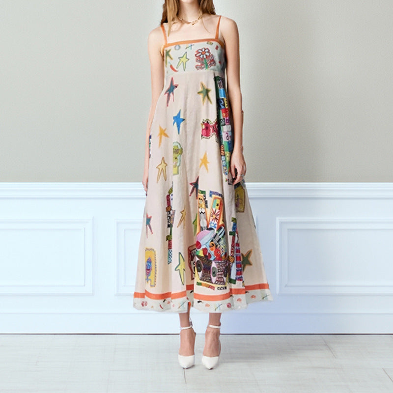 Women’s Maxi Dress – A-Line Fit – Lightweight Cotton – Spaghetti Straps – Artistic Print
