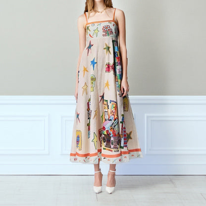 Women’s Maxi Dress – A-Line Fit – Lightweight Cotton – Spaghetti Straps – Artistic Print