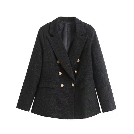 Textured Double-Breasted Mid-Length Blazer