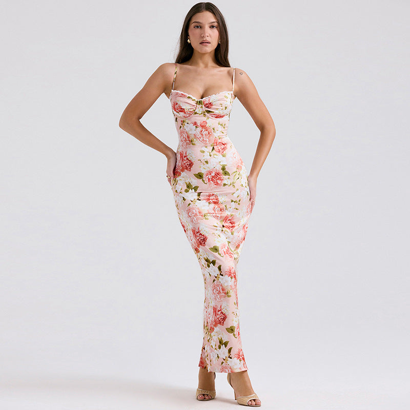 Slim Fit Satin Floral Print Long Dress