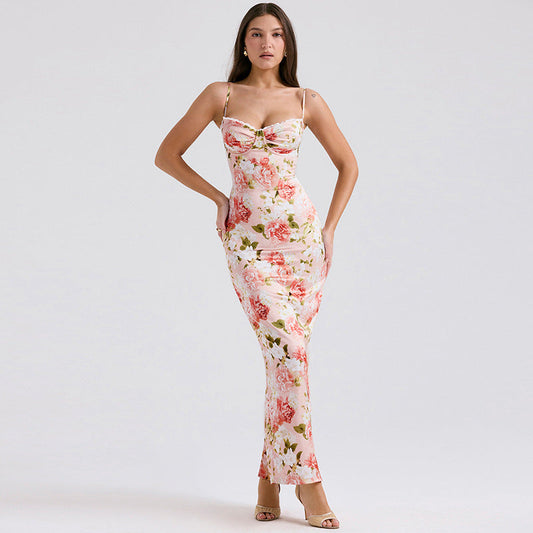 Slim Fit Satin Floral Print Long Dress