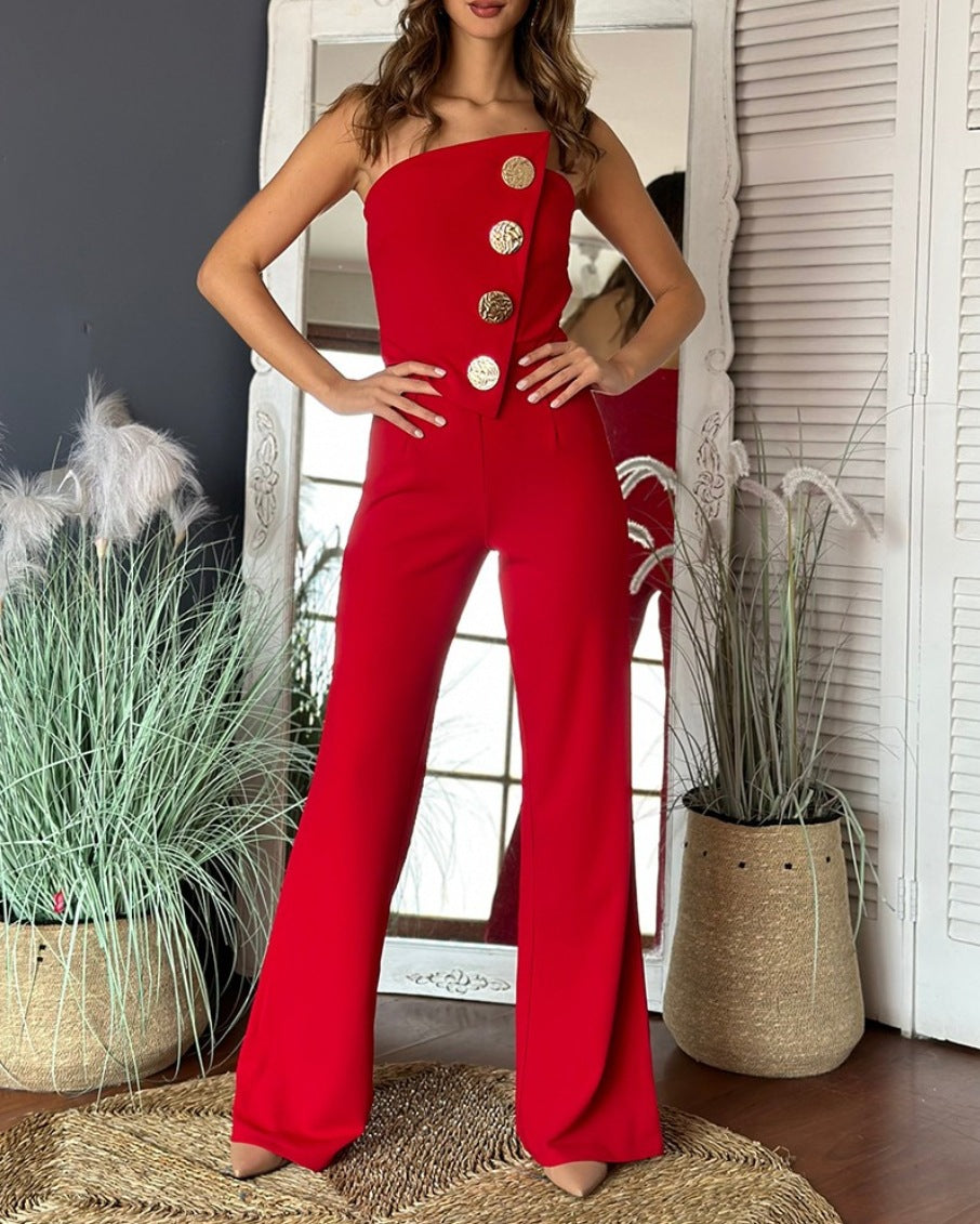 Strapless Tailored Fit Flared Leg Jumpsuit 