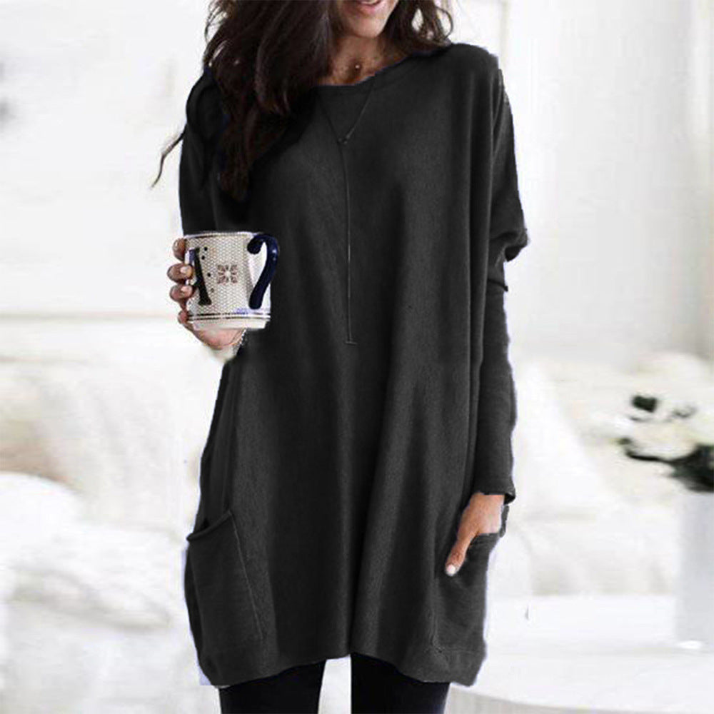 Women's long plain sweater with pockets and long sleeves