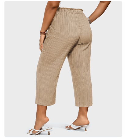 Women's Pleated Trousers - High-Rise Elastic Waist - Wide-Leg Cropped Fit