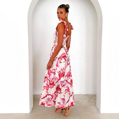 Women’s Maxi Dress – Shirred Bodice – Adjustable Straps – Tiered Flowy Skirt – Floral Print