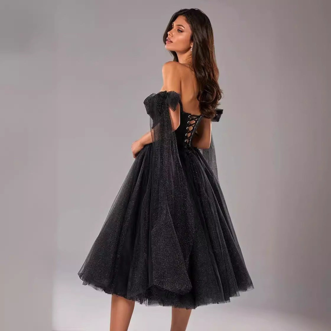 Sheer Overlay Fitted A-Line Evening Dress