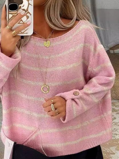 Women's striped boat neck sweater with large pocket