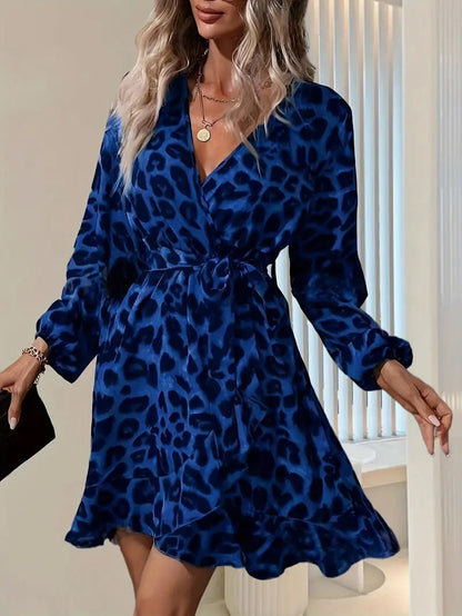 Women’s Wrap Dress – V-Neck – Tie Waist – Long Sleeve – Ruffled Hem – Elegant Fit