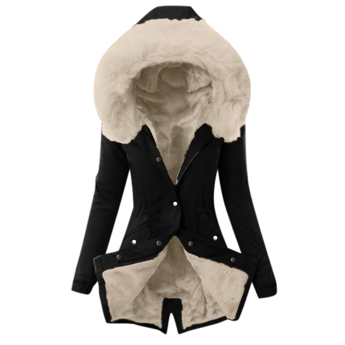 Women’s Jacket – Slim Fit – Plush-Lined Hood – Adjustable Waist – Mid-Length – Button Front