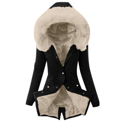 Women’s Jacket – Slim Fit – Plush-Lined Hood – Adjustable Waist – Mid-Length – Button Front