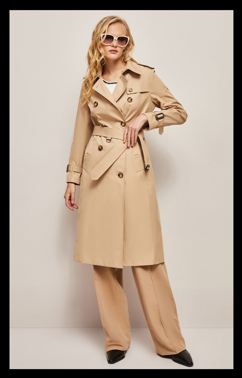 Women's waist-cinched windbreaker trench coat