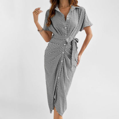 Women’s Midi Dress – Cotton Blend – V-Neck – Short Sleeve – Button Front – Tie Waist