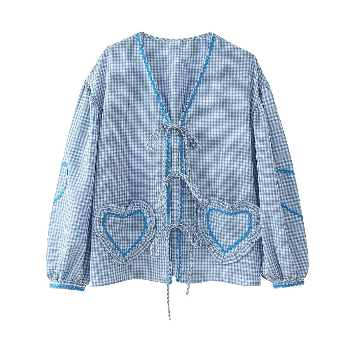 Women's Blouse - Gingham Checkered - Open Back with Ties - Puff Sleeve Embroidered