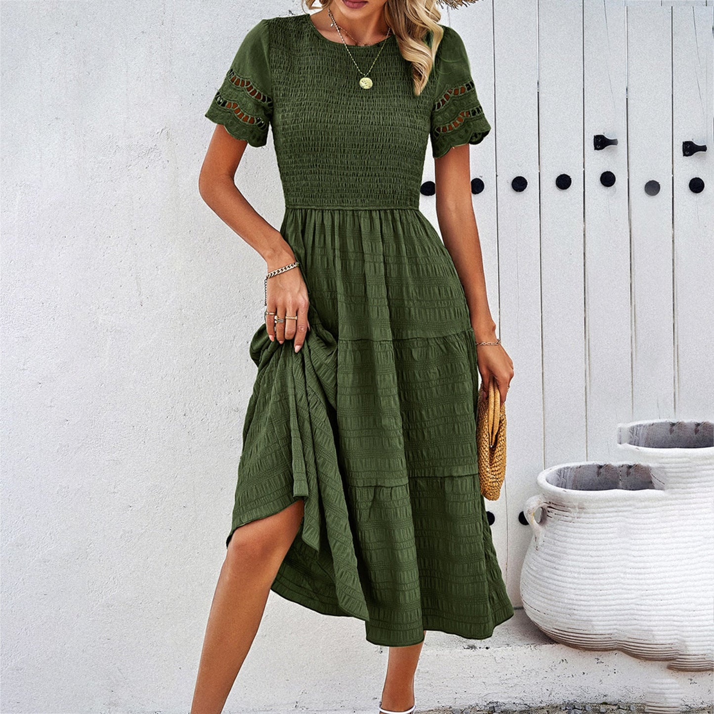 Women’s Midi Dress – Smocked Bodice – Tiered Skirt – Cut-Out Lace Sleeves – Flowy Fit