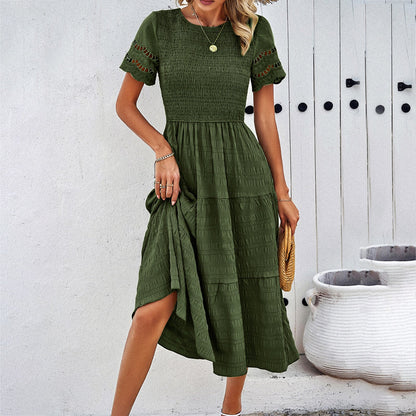 Women’s Midi Dress – Smocked Bodice – Tiered Skirt – Cut-Out Lace Sleeves – Flowy Fit