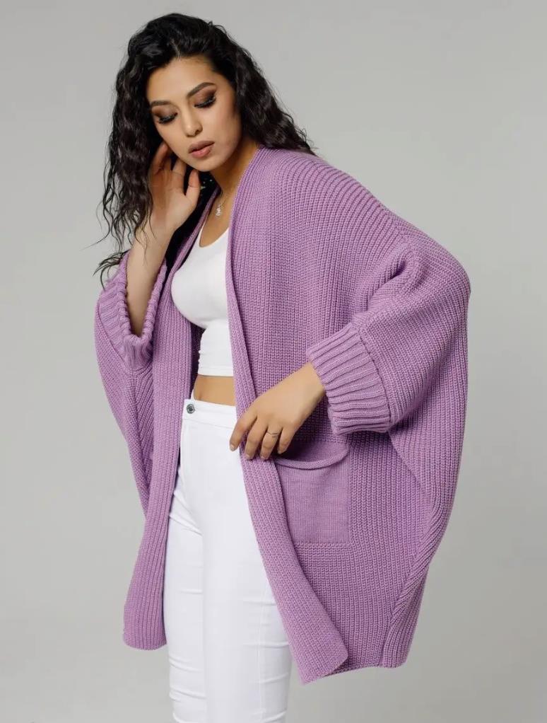 Women’s Knitted Cardigan – Oversized Fit – Ribbed Texture – Open Front – Front Pockets