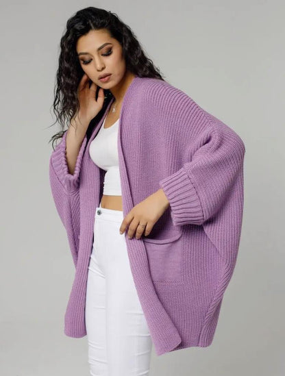 Women’s Knitted Cardigan – Oversized Fit – Ribbed Texture – Open Front – Front Pockets