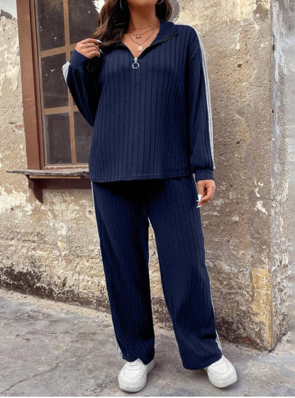 Women’s Two-Piece Set – Ribbed Knit – Relaxed Fit Sweater – Wide-Leg Pants with Stripe