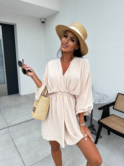 Women’s V-Neck Dress – Lightweight Fabric – Relaxed Fit – Cinched Waist – Knee Length