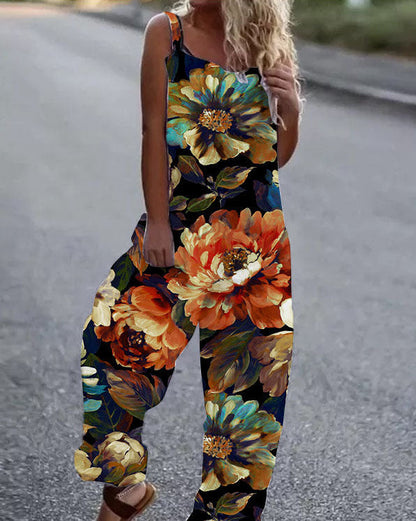 Women’s Jumpsuit – Artistic Floral Print – Relaxed Fit – Wide Leg – Adjustable Straps