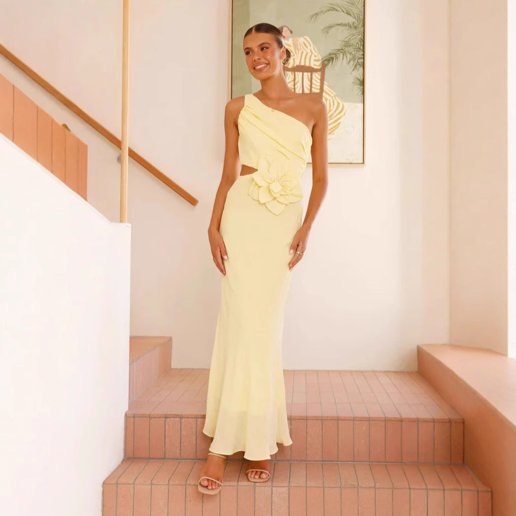 Women’s One-Shoulder Dress – Slim Fit – Cut-Out Waist – Floral Applique – Full Length